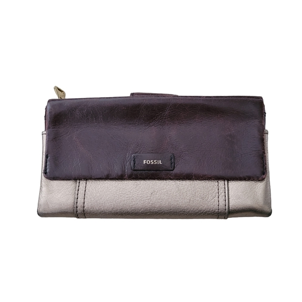 Fossil Wallet Metallic Pewter & Brown Cow Hide Leather